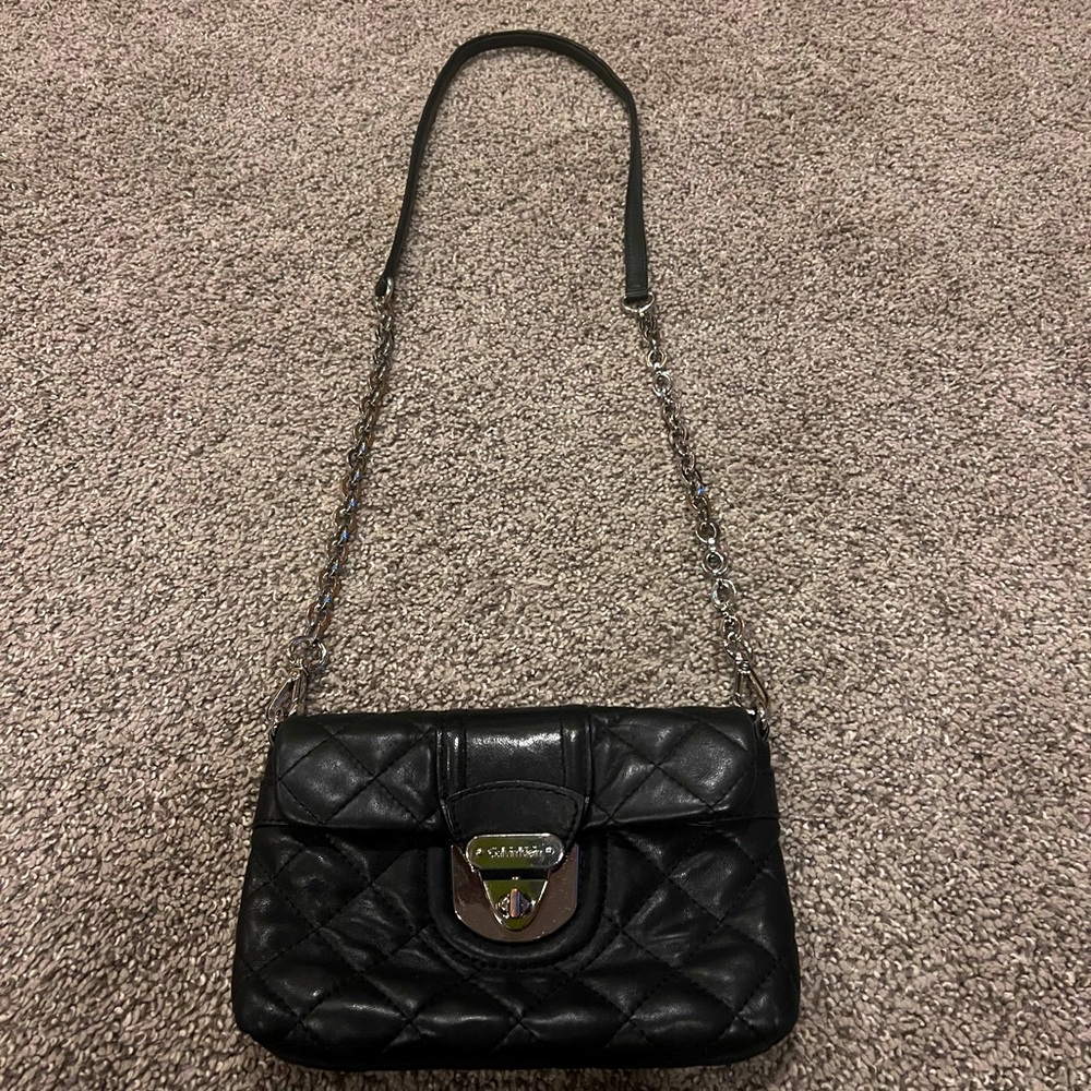 Calvin Klein genuine black soft leather and silver chain bag / clutch